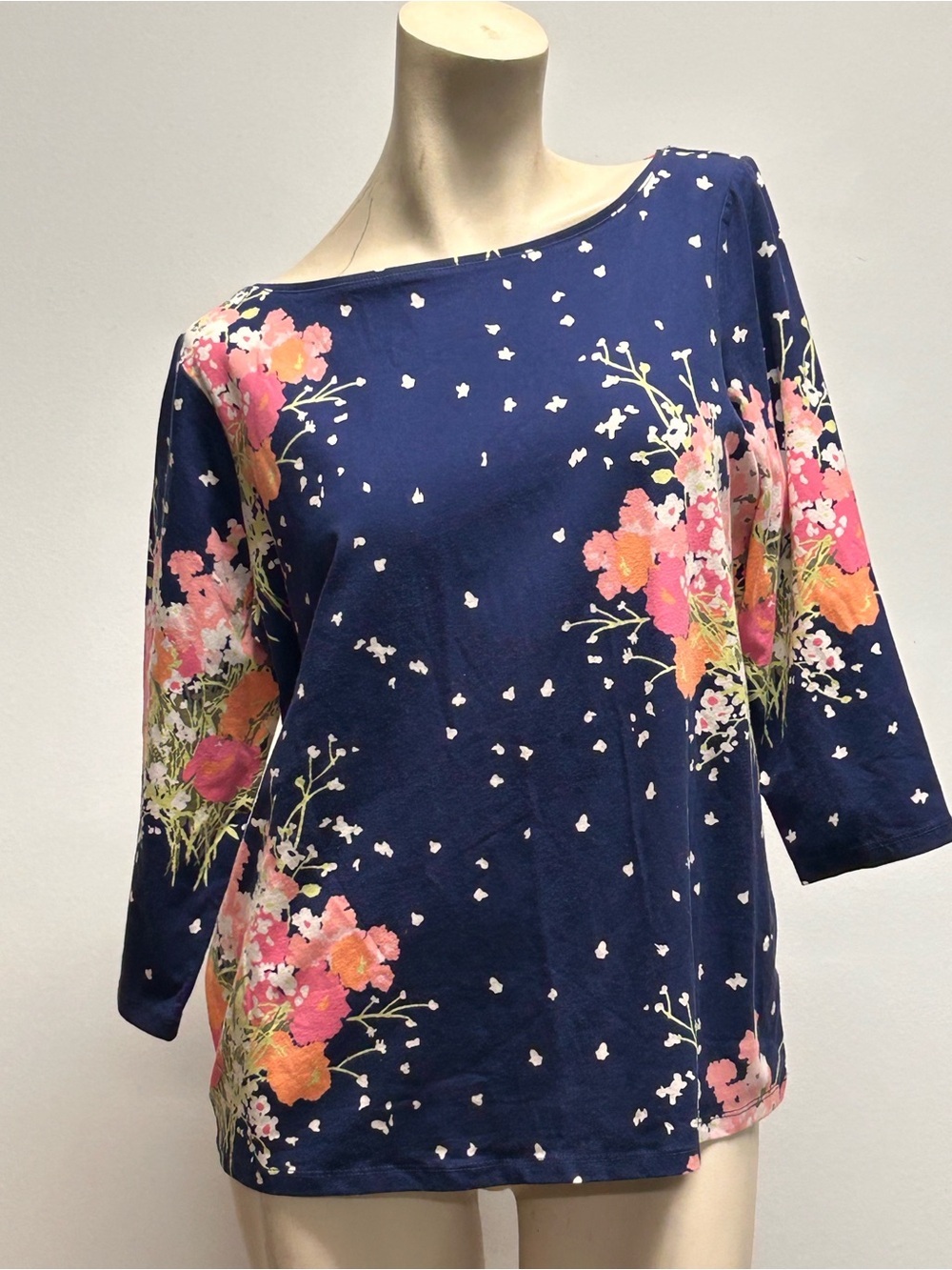 Talbots Plus Petite 1X Navy Floral Print Stretch Cotton 3/4 Sleeve Top
